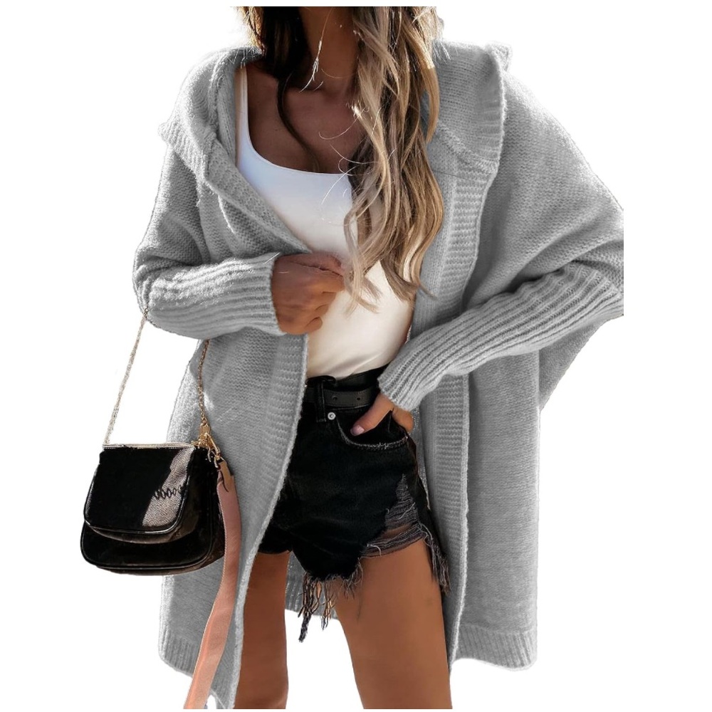 PRETTYGARDEN Gray Oversized Hooded Open Front Cardigan Sweater Soft Size M